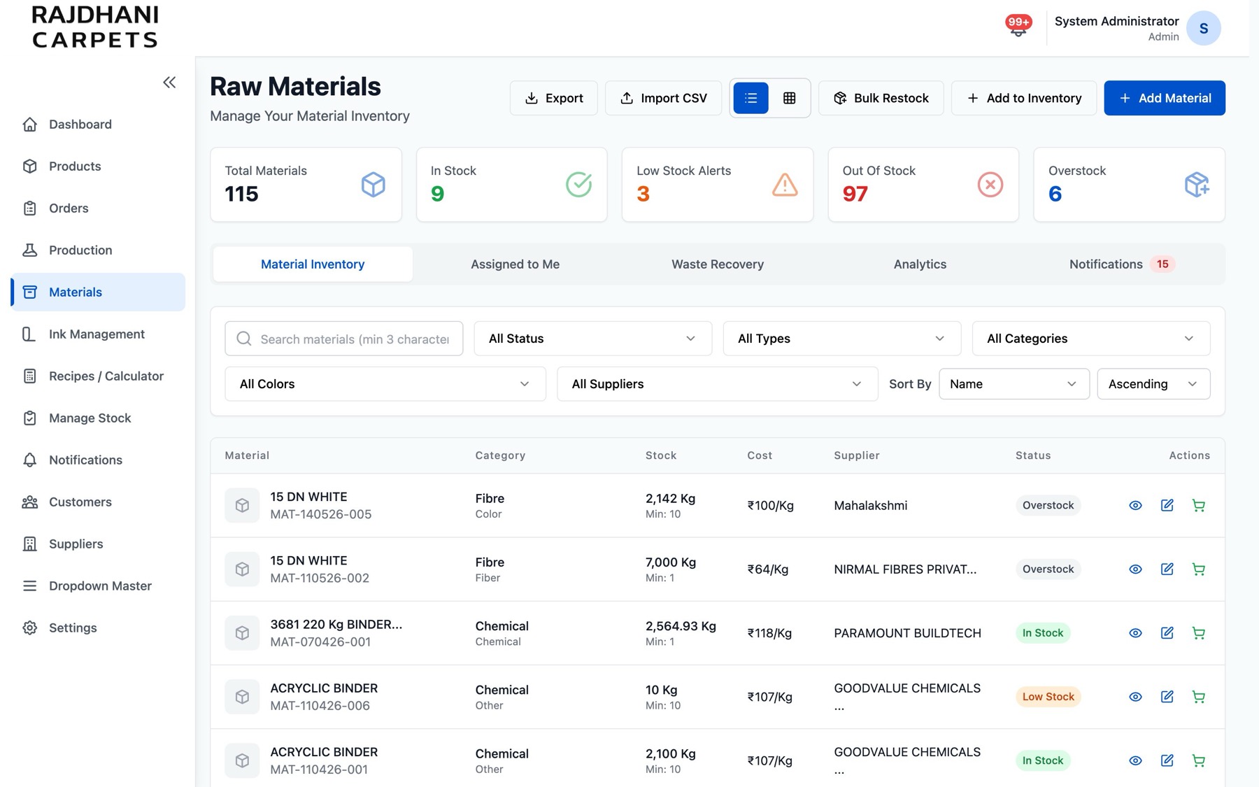 Raw materials screen: 115 materials with stock levels, low-stock alerts and supplier-wise costs