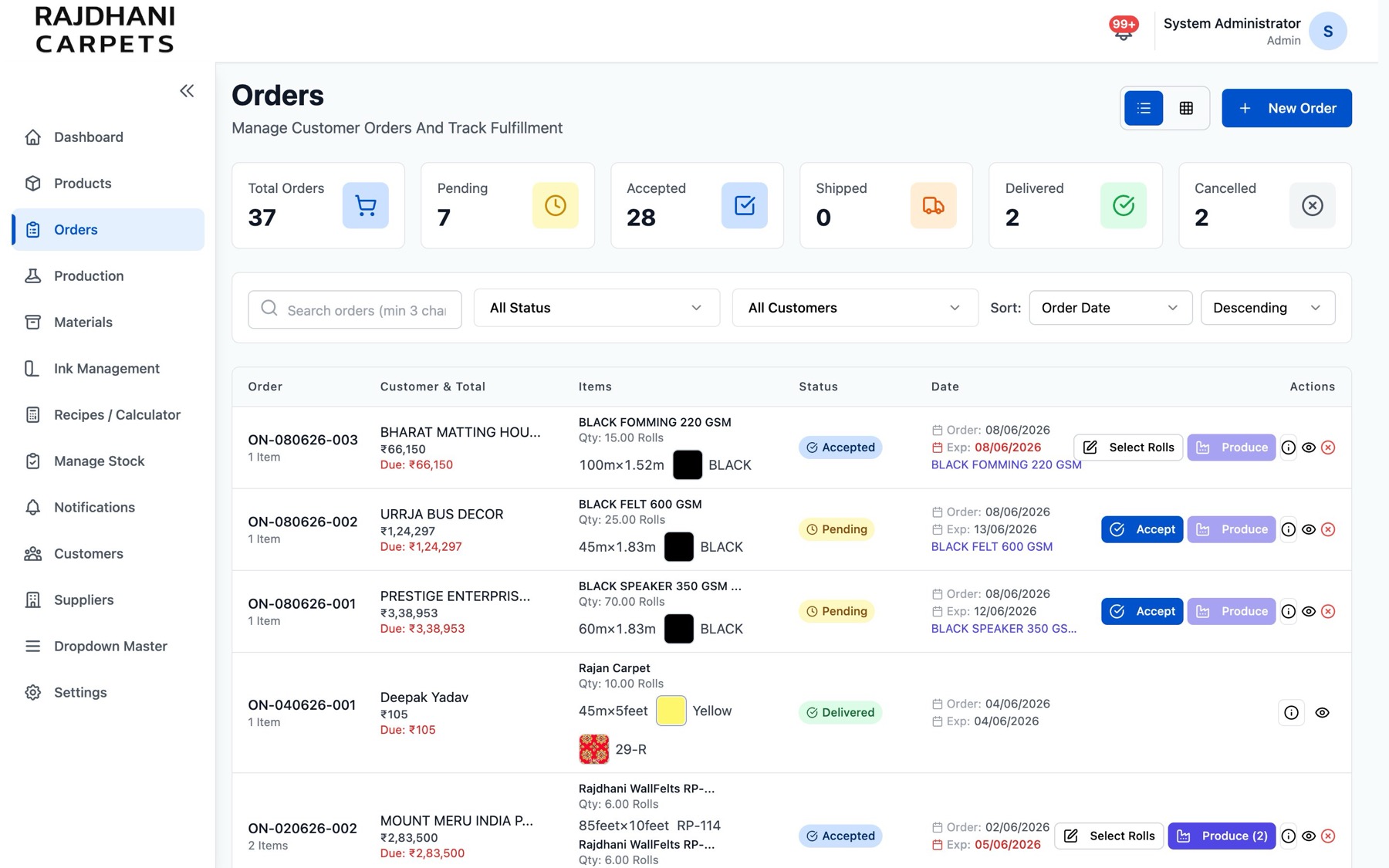 Orders screen: every order with status, quantities, due payments and delivery dates