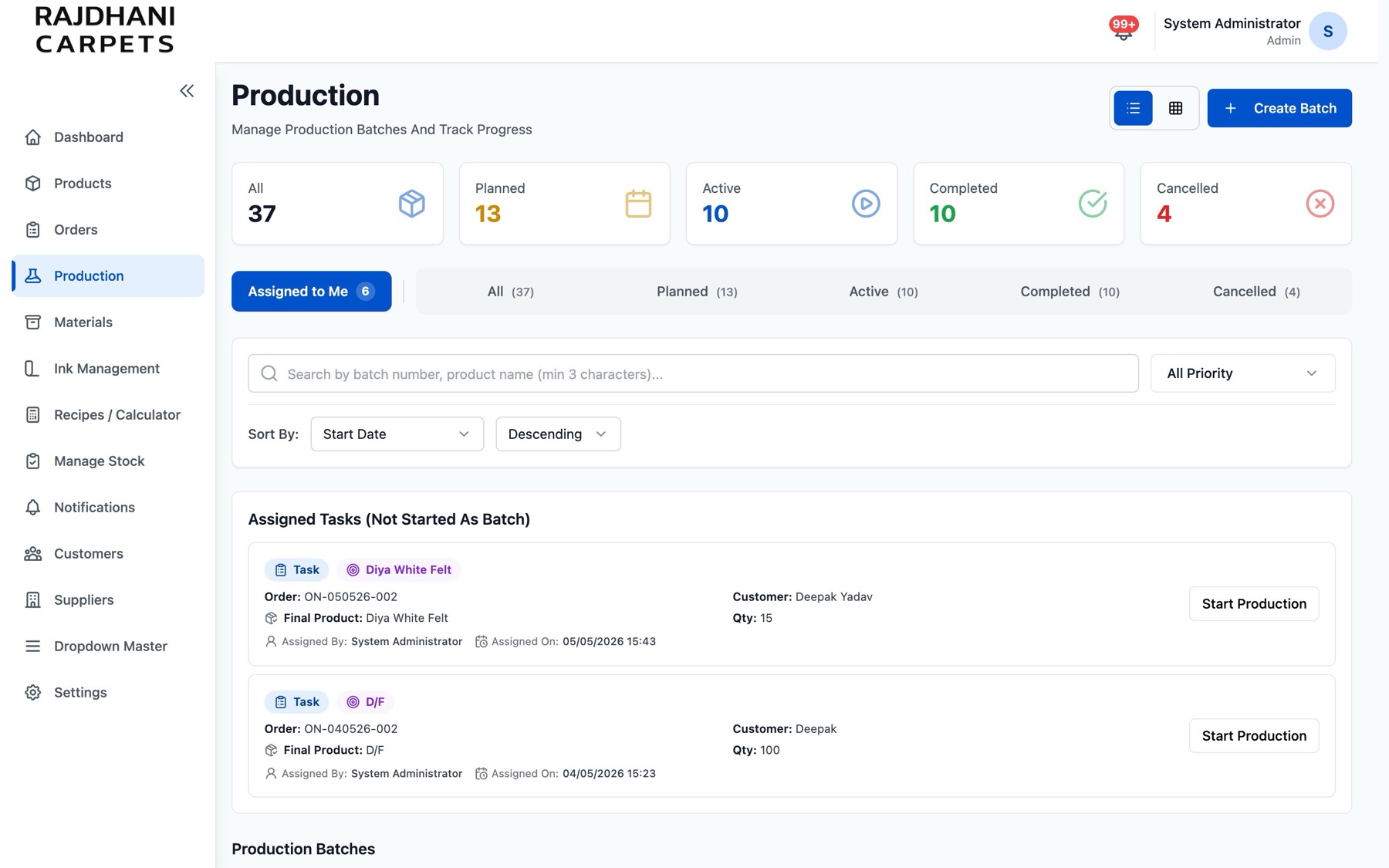 Production screen: planned, active and completed batches with tasks assigned to operators
