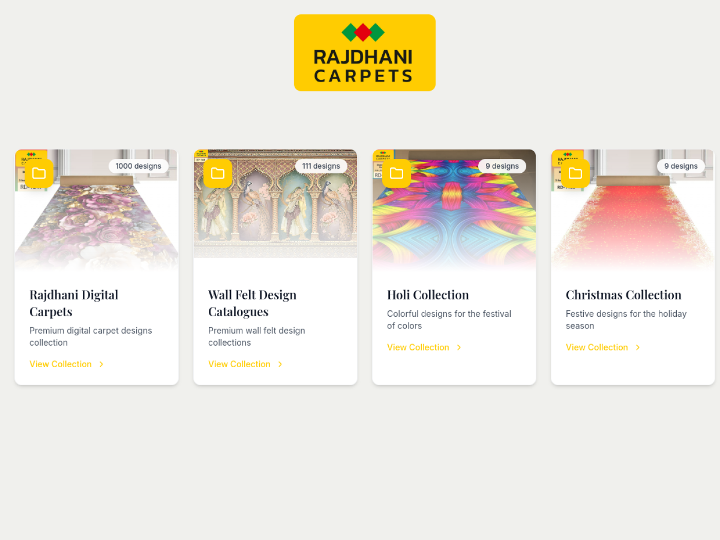 Rajdhani Carpets digital catalog built by Wantace, showing four design collections