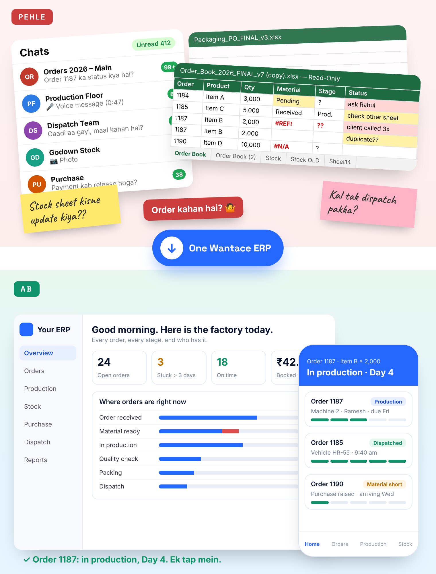 Before: cluttered chat groups and spreadsheets. After: one organised factory dashboard on desktop and mobile