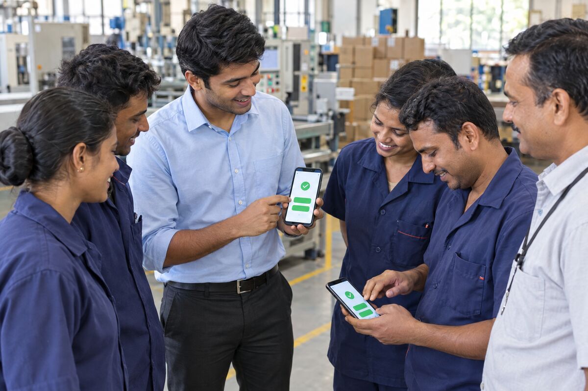 Trainer showing a simple phone app to factory workers
