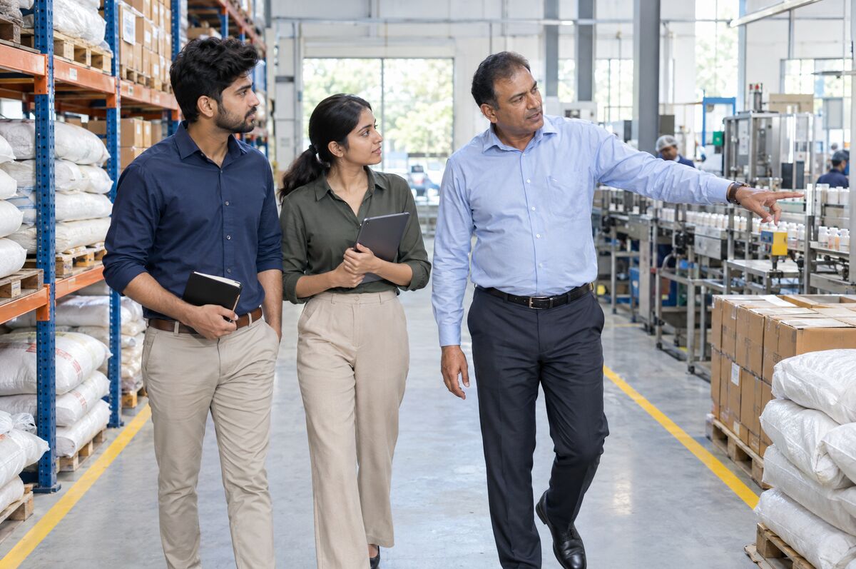 Wantace team walking a factory floor with the owner