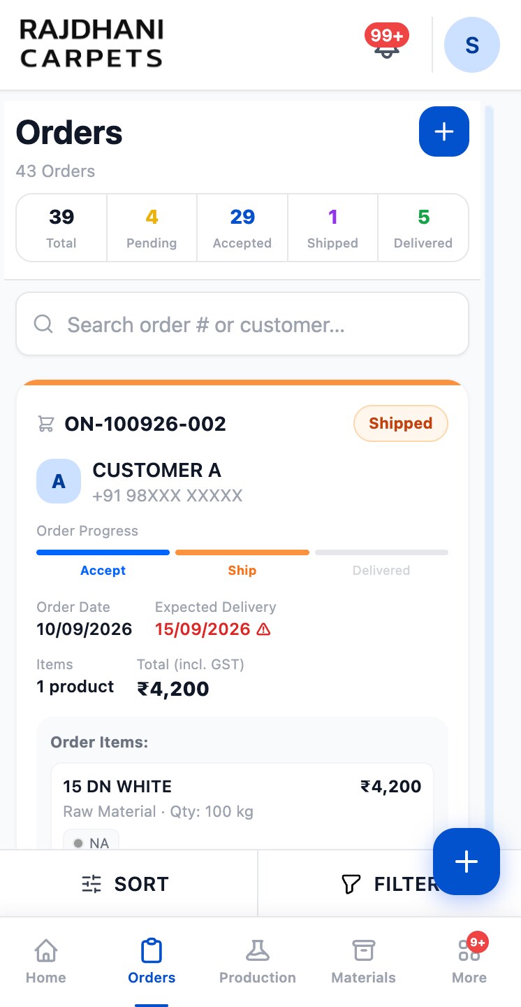 Rajdhani orders screen with order progress