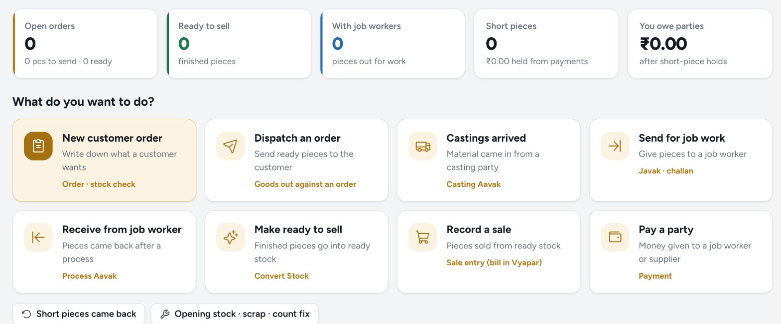 Vishal ERP: short pieces, pieces with job workers, and one-tap actions like Javak challan and Process Aavak